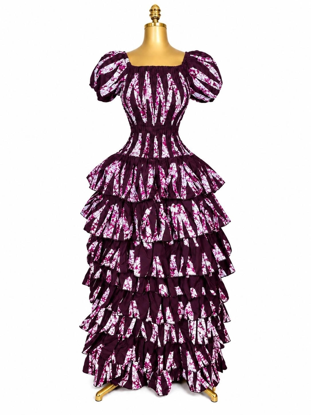 Small Ankara Tiered Puff-Sleeve Maxi Dress in Deep Plum and Pink